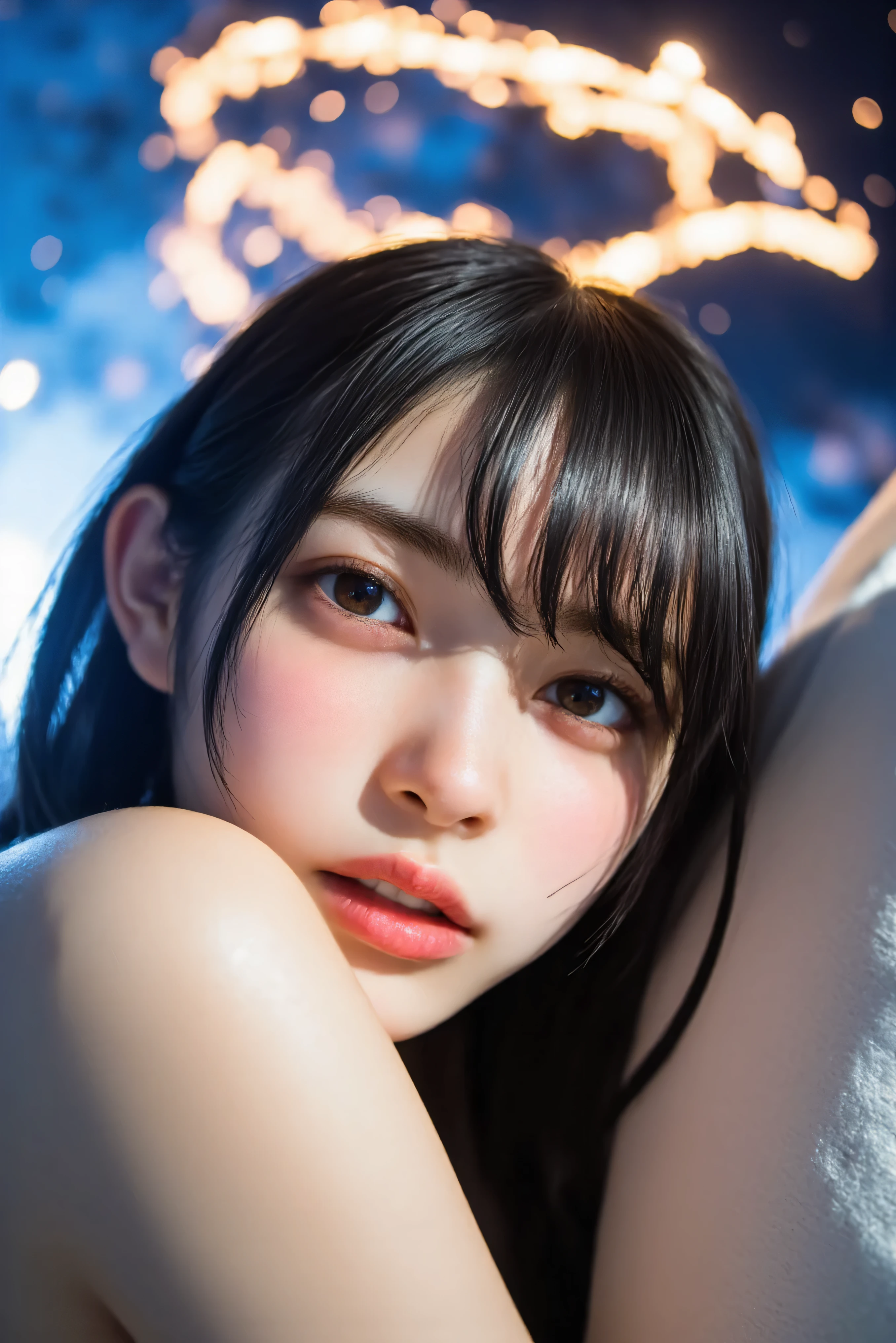 (best quality, masterpiece:1.2),ultra detailed,(photo realistic:1.4),solo,cute girl,(colorful illumination:1.1),light_particles, summon,on hand,luminescence_circle_background,Blunt Bangs, purple eyes, long dark blue hair, naked, nude, big breast