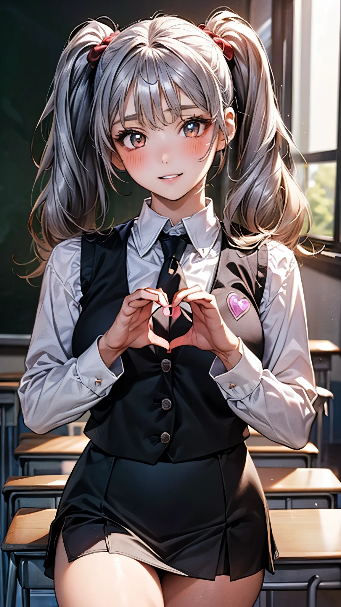 (masterpiece:1.3, top-quality, ultra high res, ultra detailed), (realistic, photorealistic:1.4), beautiful illustration, perfect lighting, natural lighting, colorful, depth of fields, 2025s, ,
beautiful detailed hair, beautiful detailed face, beautiful detailed eyes, beautiful detailed fingers, (perfect hands, five fingers, perfect anatomy, anatomically correct, super detailed skin), pink skin, shiny skin,
looking at viewer, (face focus, upper body), 1 girl, ruri_a, high school girl, cute and symmetrical face, perfect face, perfect eyes, perfect body, babyface, cute face:1.2, tiny,
(long hair, twin tails, long sidelocks, silver hair), bangs, golden eyes, big eyes, long eye lasher, (medium breasts, narrow west, seductive thighs), skin dentation,
(detailed cloth texture), break (shirt, white shirt, long sleeves, stick tie, black tie, vest, orange vest:1.5, sleeveless vest, black skirt, tight mini skirt,), break
(beautiful scenery), summer, evening, detailed background, (school classroom:1.5), , (((heart hands))), (lovely smile, shy, blush, parted lips),