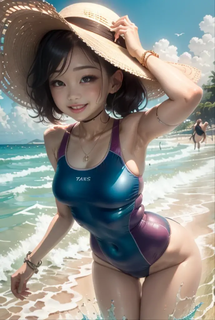 female、Shore beach、sunny、swimsuit one piece、seductive pose、