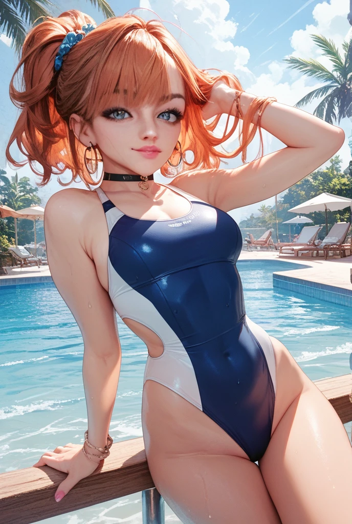 (top-quality、in 8K、32K、masterpiece、nffsw、超A high resolution、Impresionismo、Photorealsitic:1.2)、BREAK 、Full body, swimming pools、beauitful face、blurry backround、18 year old beautiful girl、shinny skin、beautiful orange hair、Green eyes、raise arms、Curve、Dynamic Poses、Smile with open mouth、Two girls、BREAK 、(((Upper body naked:1.0)))、(((The bra laces of the swimsuit come off、toppless:1.0)))、(((I can see my:1.0)))、