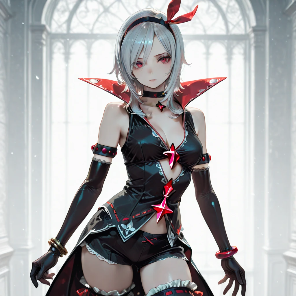 Anime Demon Girl, Long white hair, Red eyes, Gold and blue jewel crown, Black crop top, Black jeans, Thong, Gauges, Choker, Black boots, Sexy