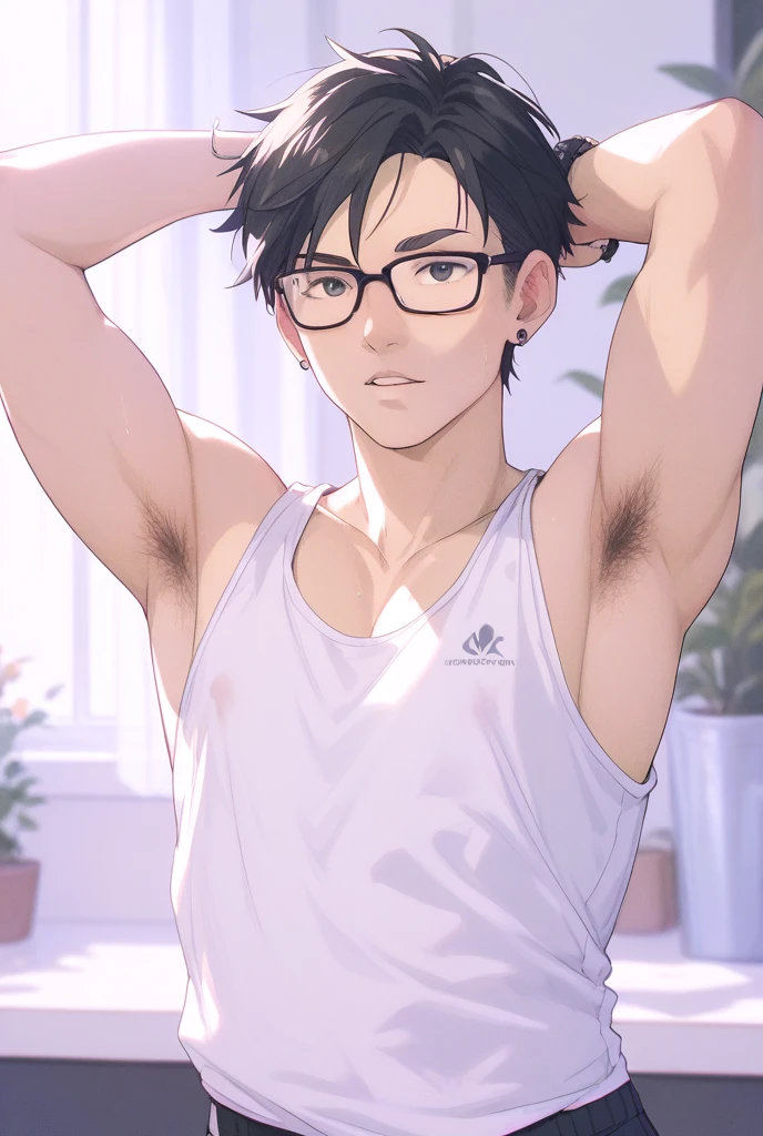 man, shaved beard, basic body, white shirt, black pants, rolled up sleeves, glasses, tanned skin, short black hair, smiling