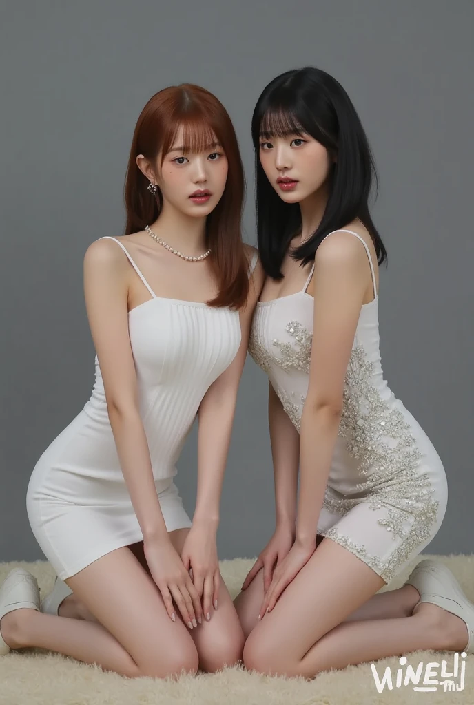 (Two Lovers), (Big Breasts:1.2), White background、White sleeveless high neck dress、(masterpiece: 1.3), (Maximum resolution: 1.4), (Super high visual acuity: 1.2), Cinematic Light, Super high visual acuity,make'Blushing cheeks:1.2、 (Beautiful eyes and skin), (Detailed facial features), Hmph, 8k resolution, Perfect Style, Beautiful expression、Highly detailed face and skin texture、Detailed eyes、double eyelid、Glitter Eyeliner:1.2、Glowing Skin、pure White skin:1.8、White skin:1.8、Red Rouge、Dark lipstick:1.2、Shiny small earrings、Glossy Lips:1.2、short hair、(A very attractive smile:1.2)、full body