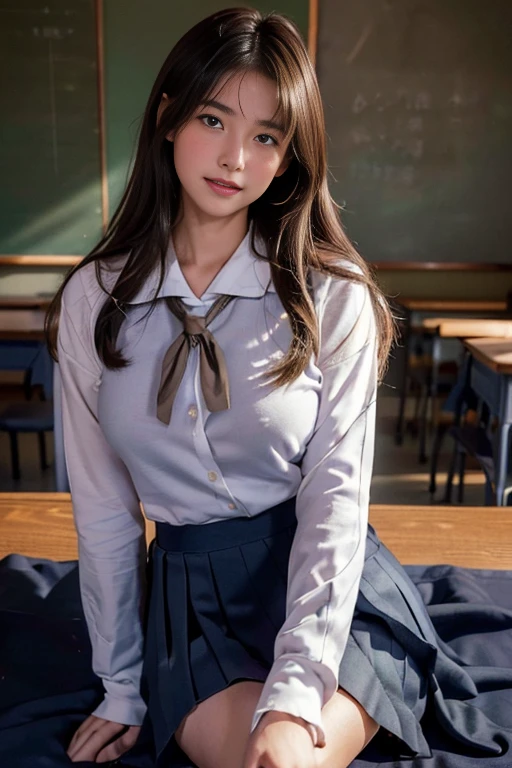 ulzzang-6500-v1.1, (Raw photo:1.2), (Photorealistic:1.4), Beautiful detailed girl, Very detailed eyes and face, Beautiful detailed eyes, Ridiculous, Incredibly ridiculous, Huge file size, Ultra detailed, High Definition, Very detailed, Best quality, Masterpiece, Kemomimi, ((Japan Girls' High School Uniform)), Illustration, Very detailed, CG, Unification, 8k wallpaper, fantastic, fine detail, masterpiece, best quality, highly detailed cg uniform 8k wallpaper, light on face, movie lighting, 16 year old girl, (without panties)), ((dynamic pose))), (camel toe), (half), (pantyhose), (sitting legs bending knees)) big