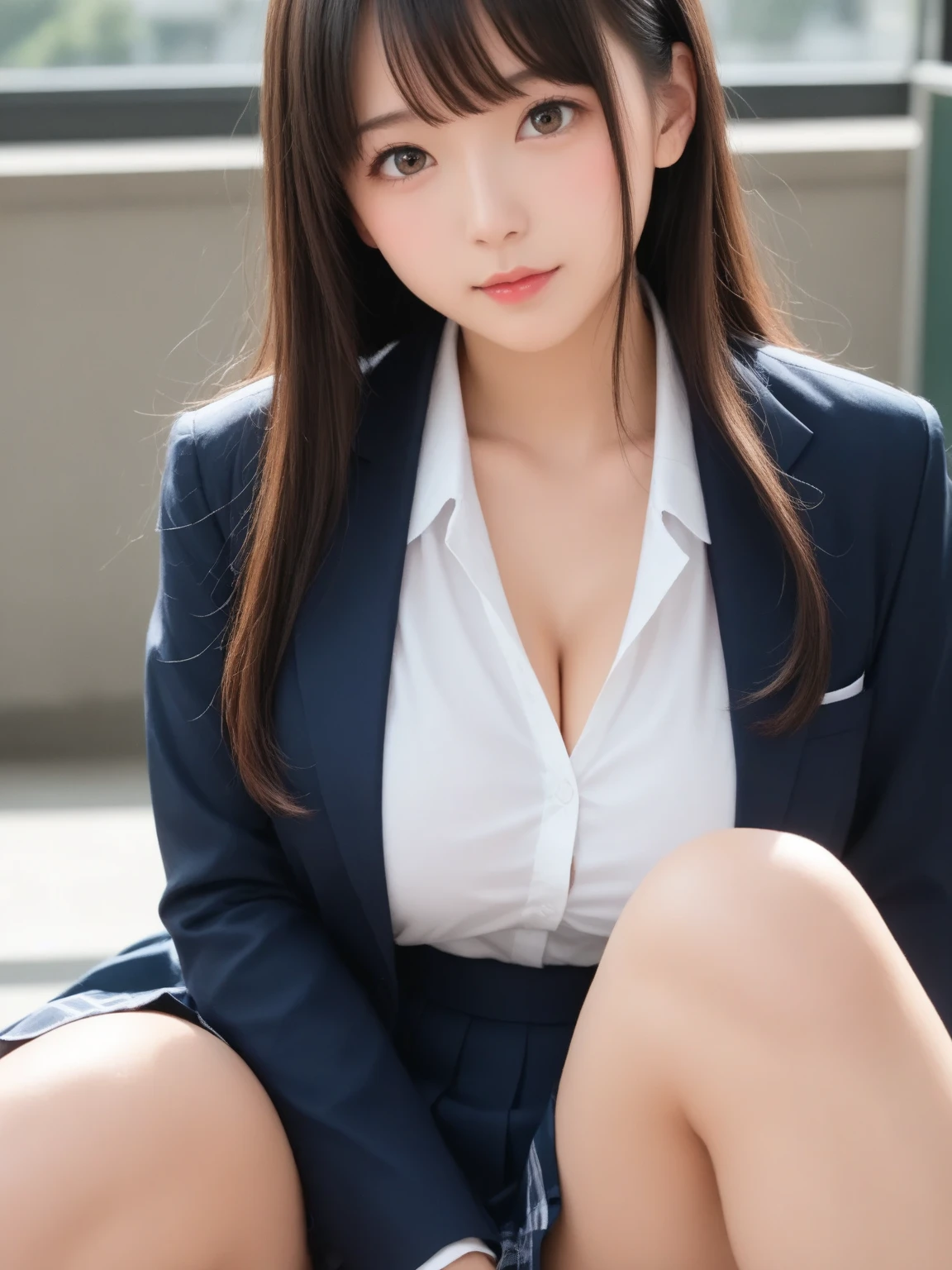 ultra highres,(reality: 1.4),highest quality, masterpiece, high detail, 16K quality, beautiful, 1 beautiful girl,japanese,super beautiful face,baby face,japanese idol face,cute face,super detailed face,detailed hand,beautiful skin,oily skin,big eyes,profeccional lighting,pony tail,brown hair,black beautiful eyes, big smile,sitting with knee up, spread legs,(skirt lift),(((showing panties))),white panties,medium breasts,navy blue blazer,see through white shirt,open button,cleavage,(checked skirt),cameltoe,black high socks,she is looking at the camera,classroom,nsfw,from front,
