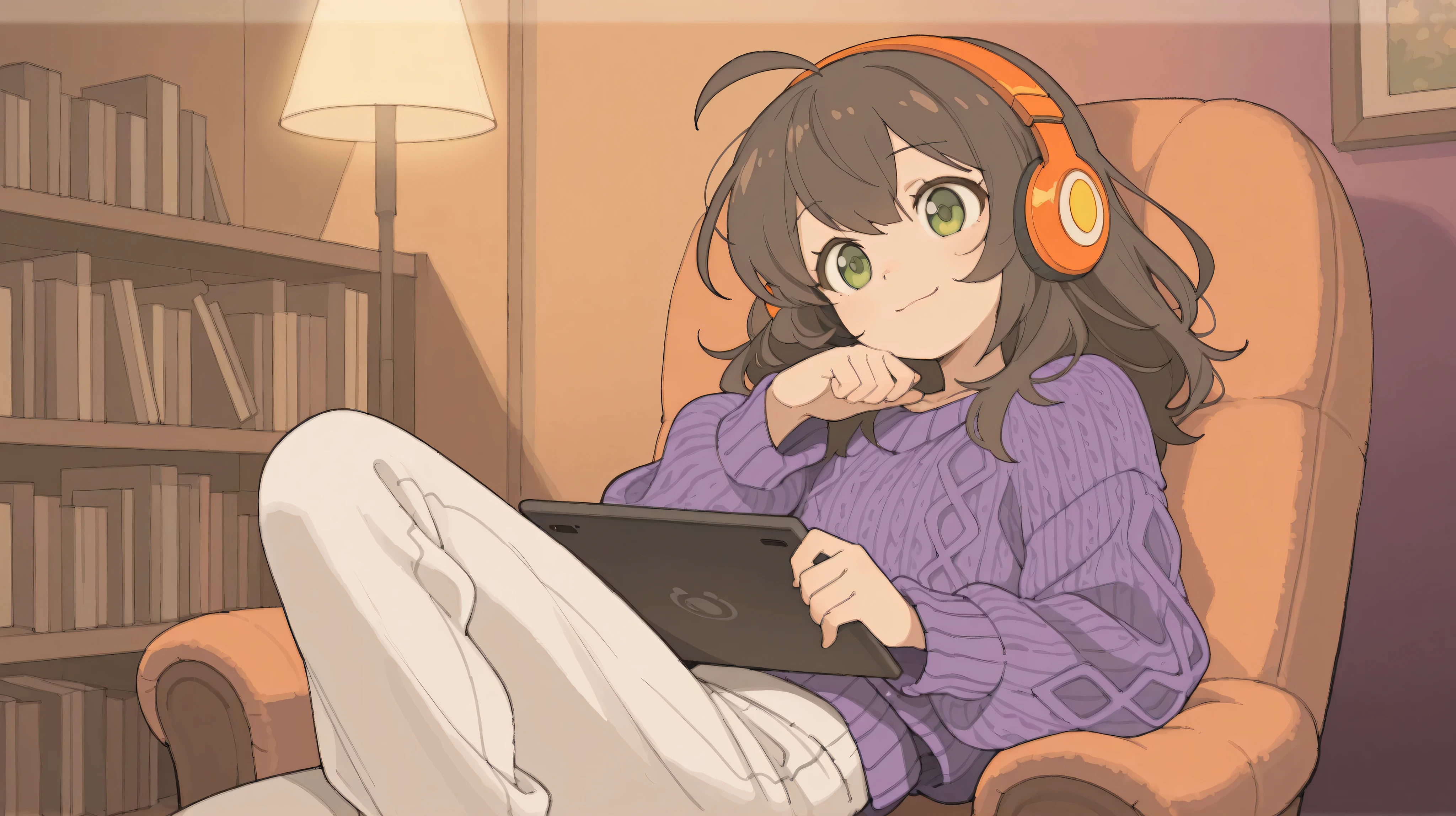 masterpiece, best quality, newest, absurdres, highres,
short dark brown hair, ahoge, shiny green eyes, 1girl, solo, relaxed and cozy expression, slight soft smile, sitting comfortably on a chair, leaning back slightly, one knee up, holding a tablet with one hand, wearing orange headphones, casual cozy outfit (purple oversized knitted sweater, white pants), surrounded by colorful bookshelves, soft indoor lighting, peaceful weekend atmosphere, warm cozy room, soft textures, stylish anime art style, natural and relaxed pose, cinematic framing