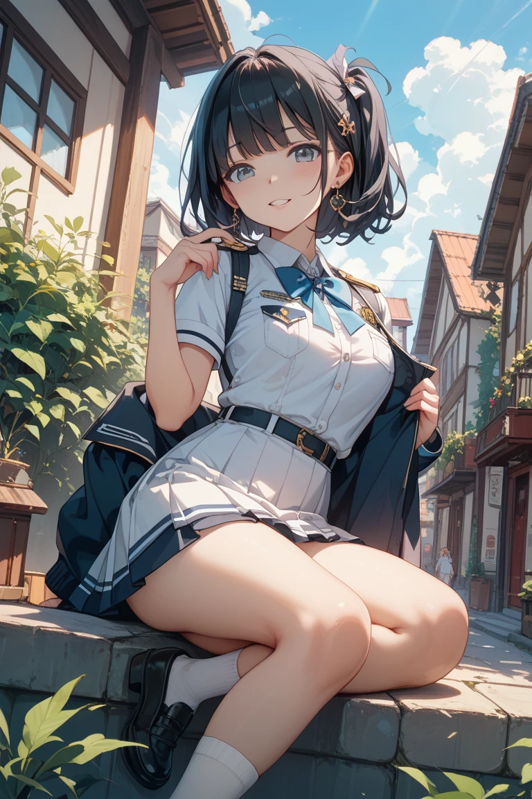 very cute and beautiful girl,(Very detailed美しい顔), (smile),blush,Black Hair,Seraphim,(White Shirt、Pleated navy blue pread your legs、Squat)、Sitting、(From below)、(Lacy white panties), Country road、Distant Tree々and the city, (Highest quality,masterpiece:1.0),Absurd,High resolution,Super detailed,Very detailed,32K,8k resolution, Intricate details,Movie Scenes,Detailed Background,alone,Dynamic Angle,