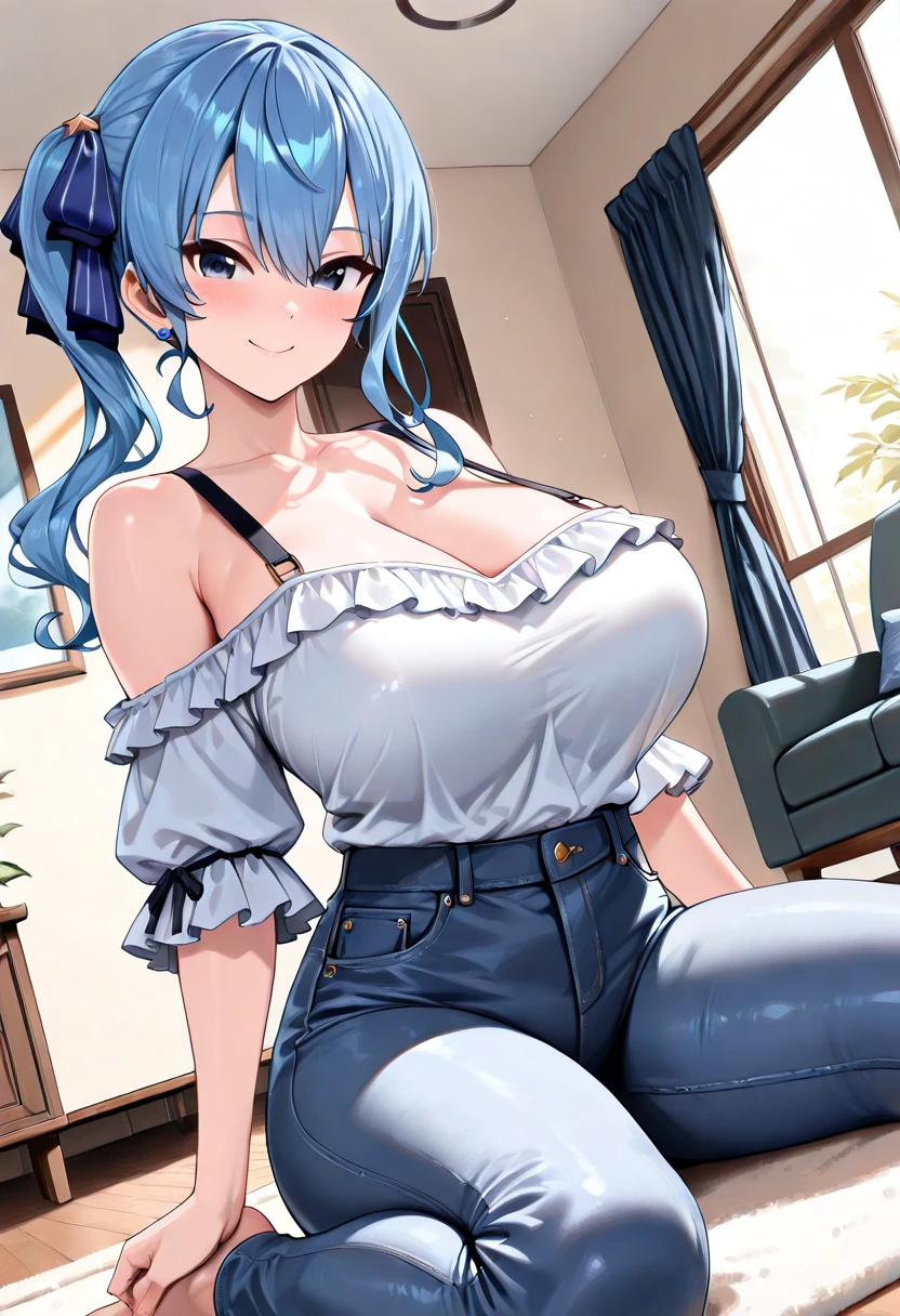 Highschool dxd, Xenovia, 1girl, (((bimbo))), short blue hair, yellow eyes, puffy lips, painted lips, thick lips, wide hips, thick thighs, huge ass, revealing cleavage, erotic, Smile face, bubble butt, camel toe, Breasts, blue jeans, bra,