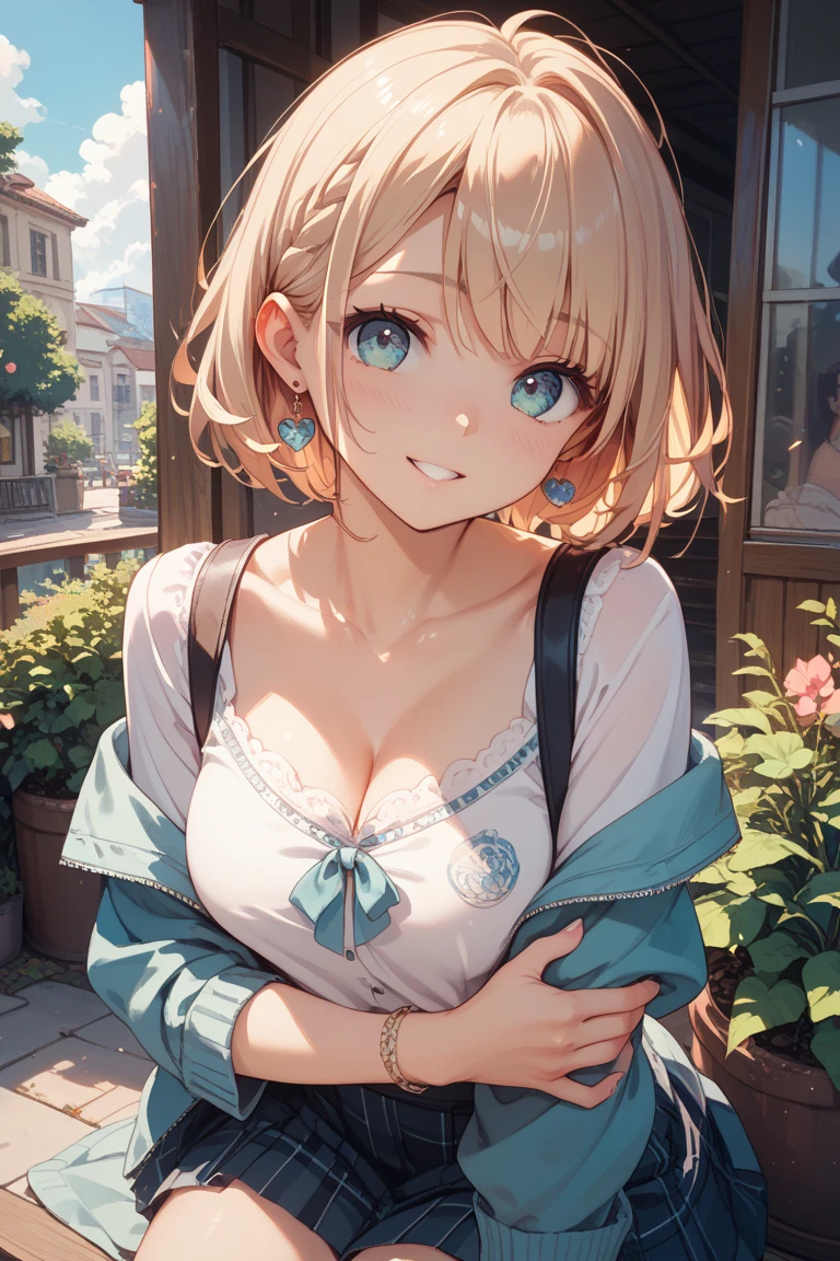 A beautiful girl sitting on a chair lifting her skirt, anime girl, inside a classroom, white button-up shirt, collarbone, pleated miniskirt, big round breasts, shapely thighs, turquoise panties, dark brown hair, long bangs, french braid, messy hair, long hair, wavy hair, shiny hair, hairclip, blue hairband, glowing eyes, aqua eyes, beautiful detailed eyes, pupils sparkling, earrings, blush, embarrassed, shy, blush, glossy lips, closed mouth, scared, nervous, nose blush, high detail, anime, anime style, chiaroscuro, cinematic lighting, dithering, image fill, multiple views, from above, wide shot, atmospheric perspective, perspective, Wide-Angle, f/1.8, 85mm, Nikon, 8k, super detail, UHD, retina, masterpiece, accurate, anatomically correct, textured skin, high details, best quality, highres, 16k