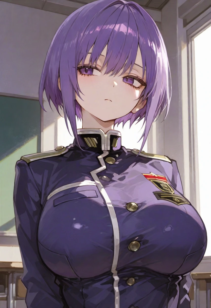 (big breasts:1.5),looking at the viewer,Are standing,((masterpiece)),((highest quality)),perfect anatomy,8K UHD,highly detailed face,luster and luster,((1 girl)),((alone)),(beautiful and fine eyes:1.5),perfect image,(Upper body:1.1),(look ahead:1.1),turn your arms behind your back,slim waist,shiny hair,super detailed,(short purple hair),(red eyes),office room,(Wearing a military uniform:1.1),(beret:1.1),Expressionless