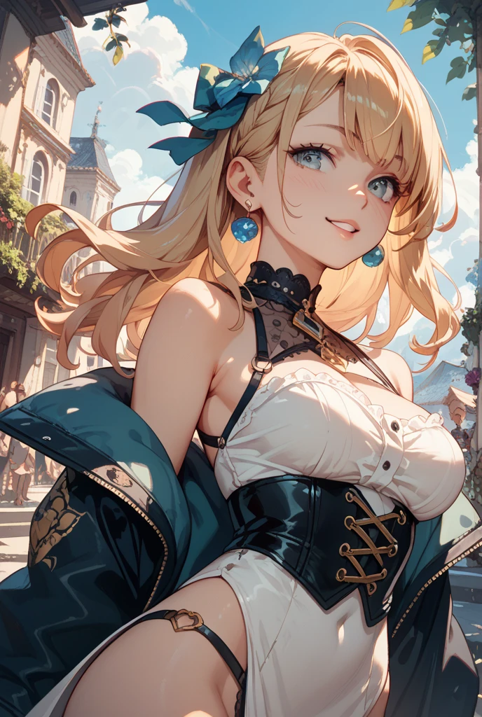 A beautiful 28-year-old woman, Navia, wearing sexy lingerie, stands in a crowded French city, hyper detailed breasts and ultra detailed features rendered in the best quality, 4K masterpiece.
