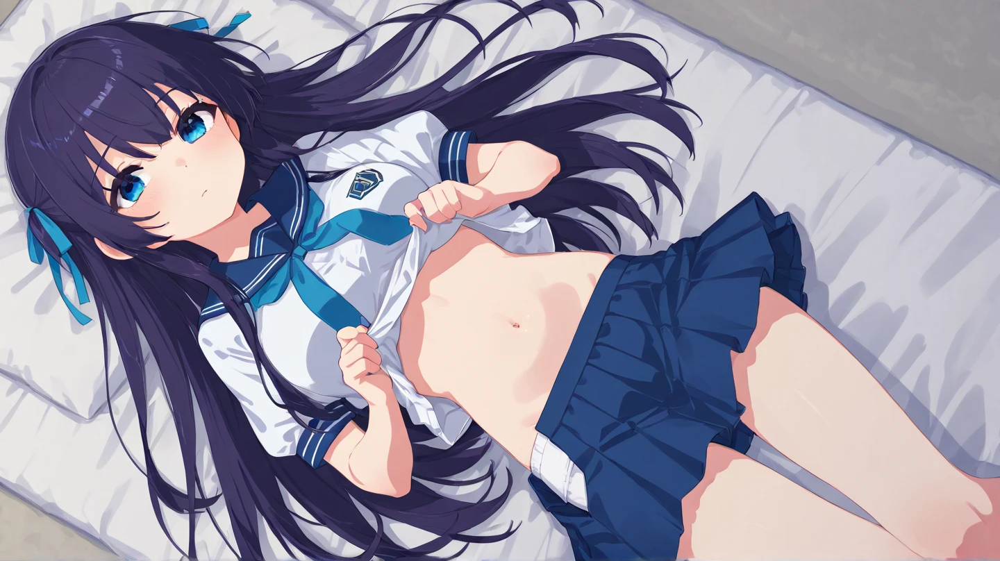 masterpiece, anatomically correct, highres, best quality,1 girl, 1 boy, black hair, long hair ,((lying on back)),black long-sleeved sailor uniform, black pleated skirt, (white bra), (white panties), shirt lift, shy, blush, parted lips, heavy breathing, drooling, endured face, excited, (messy clothes: 1.0),(Background: on bedroom bed),(large breasts), arms up, (1 boy), pov breastgrab, pov hands, breast grab, sweat, (snakes 1.5), (snake tail), pretty girl, sunset, steam, best quality,detailed,high resolution,