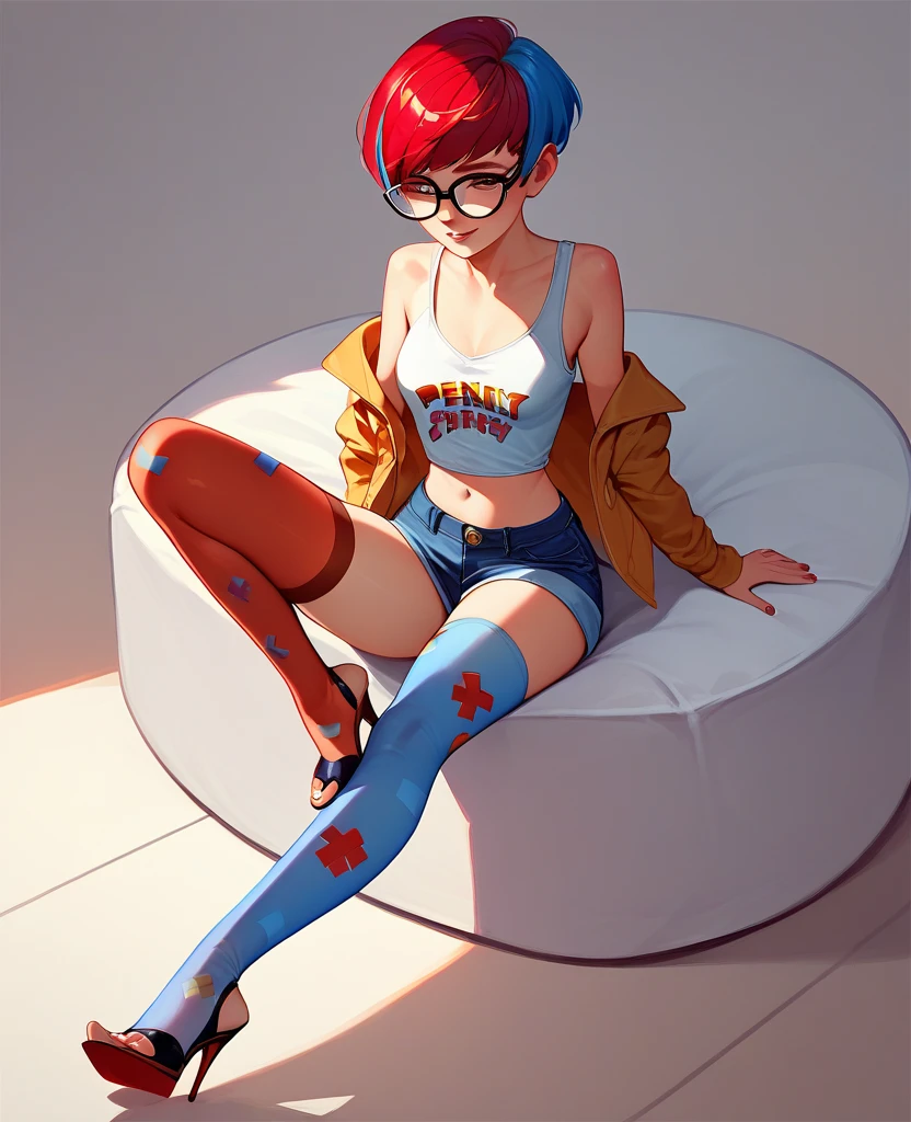 Penny, thighhighs, tanktop, midriff, red hair, blue hair, glasses, open-toe high heels 