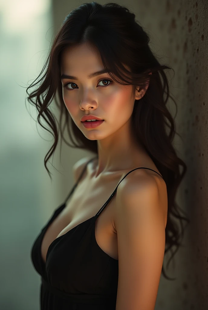 Asian woman in tight clothes with curvy shapes