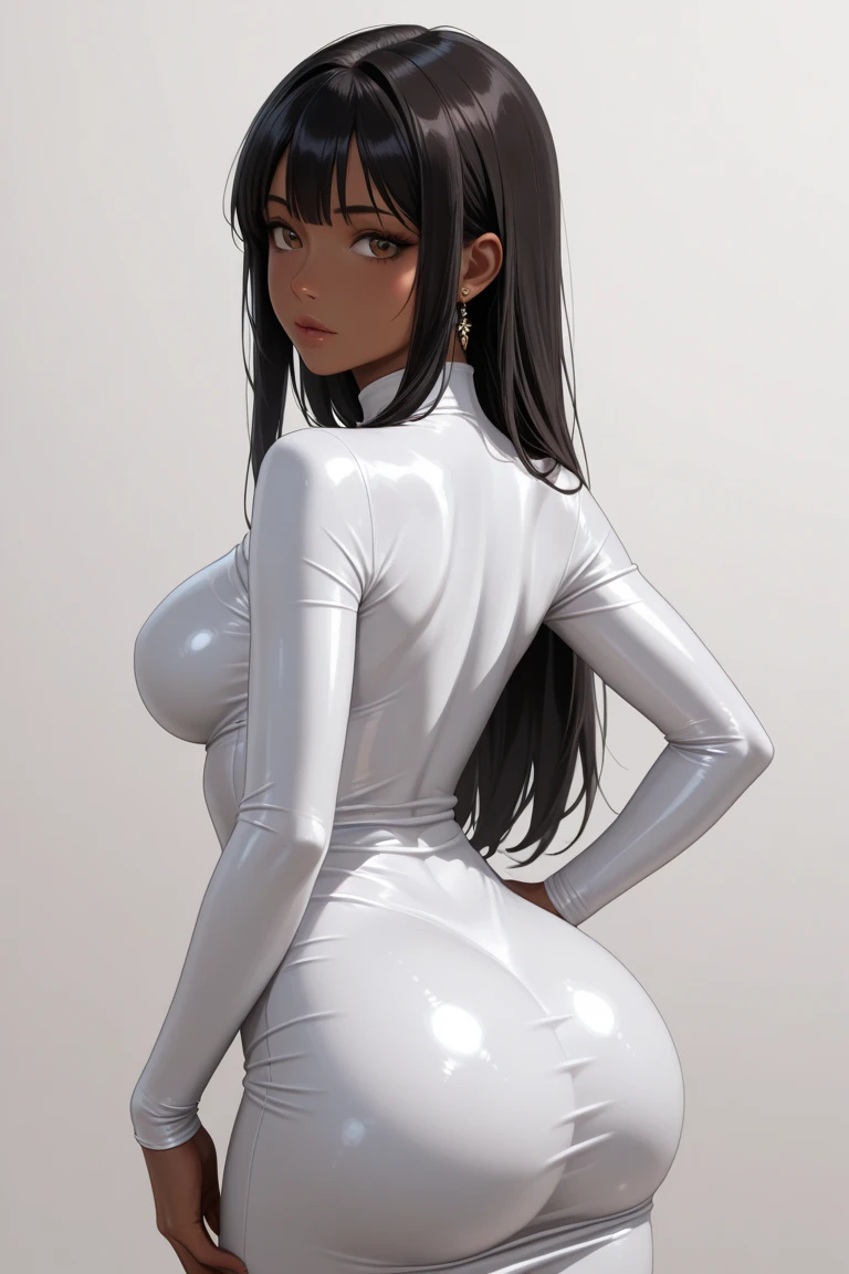 score_9,score_8_up,score_7_up,score_6_up,score_5_up,score_4_up, 1girl, pretty girl, korean women, tall thin body, huge breasts, slim waist, tight sexy ass, very long smooth silken black hair, the hair is styled in a (very long strict tight ponytail) and with bangs, green eyes, small mouth, small nose, wearing a tight white latex body suit
