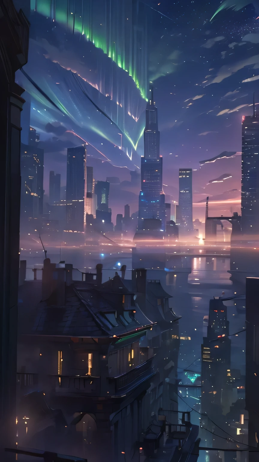 (upper body:1.2),
((best quality)), ((masterpiece)), high resolution,sharp focus,(Super Detail,very detailed),(very detailed CG unity 8k wallpaper),(((Vivid Colors))),{best illustration},
(complete anatomy), perfect fingers,betterhand,
Futuristic city night view,
(aurora-like sound waves in the sky),
entire city is bathed in a soft ethereal glow, (5th line runs through the skyscrapers:1.5), (melody through the city with a beautiful singing voice), Visualize the five-line notation, (Floating musical notes in the city:1.5), (skyscraper that looks like a fantastic silhouette),
Break,
1 girl, (smile), open mouth, look up, (singing:1.5), (open arms),
gorgeous dress, (twisting the body),