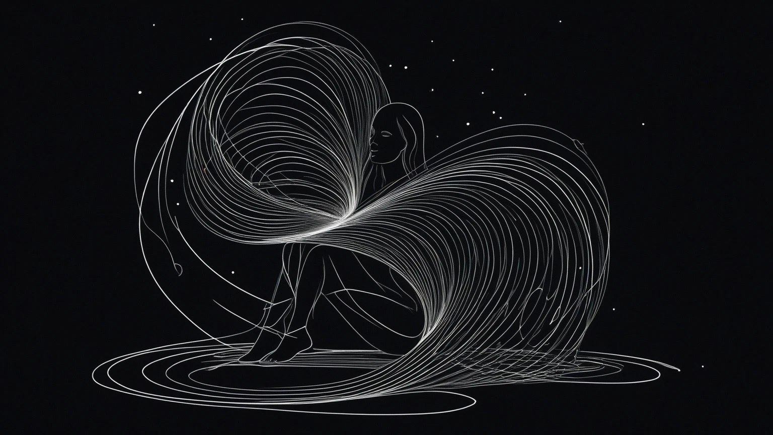 geometric shapes revealing a person laying fetal style in a dark void