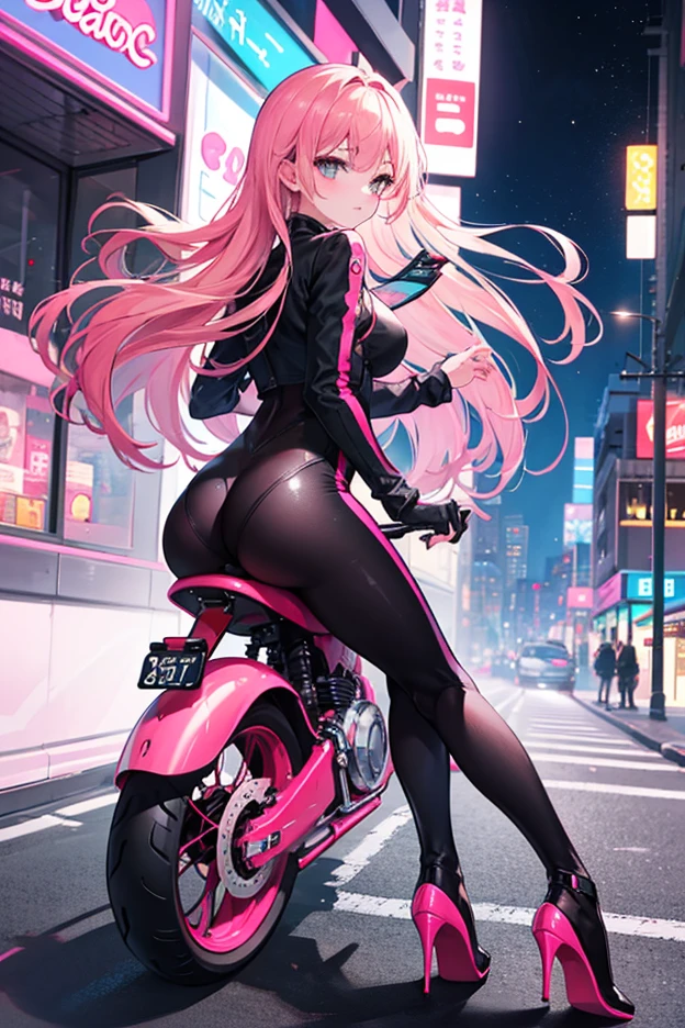 (1girl in)、(Plump beauty)、(30-years old)、(Very long hair)、(Top image quality)、(8K picture quality)、(cyberpunked)、(masutepiece)、 (Flickering of light)、(Wear a cyberpunk hooded military uniform)、(Photo straddling a motorcycle:1.5)、(confident grin:1.2)、(Full body photo)、cinematric light, Cinema Shadow, Sharp Image, Extremely detailed, Volumetric, Bright sprites, particles effect, beautiful effects, Vivid colors, neons, Neon light, Highly detailed image textures, detailed hairs, Detailed face, Detailed eyes, Full body photo, city、Dark hair、Eyes glow、Photo from the knee up、beautiful effects, Vivid colors, Highly detailed image textures, detailed hairs, Detailed eyes,(Cyberpunk cityscape)、(Pink aura overflowing from clothes:1.5)