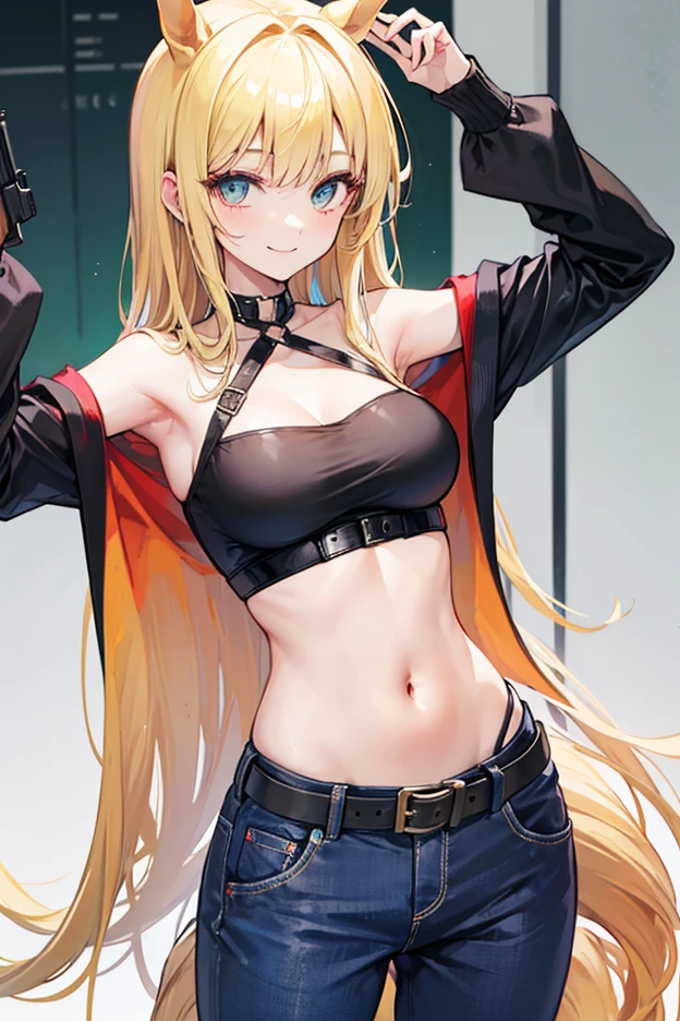 young girl, longue blonde hair, Heterochromia, turquoise and red eyes, smirk, Tatoo, tight turquoise top, open belly, Skinny black pants, seen from behind, tattoo, Masterpiece, hiquality
