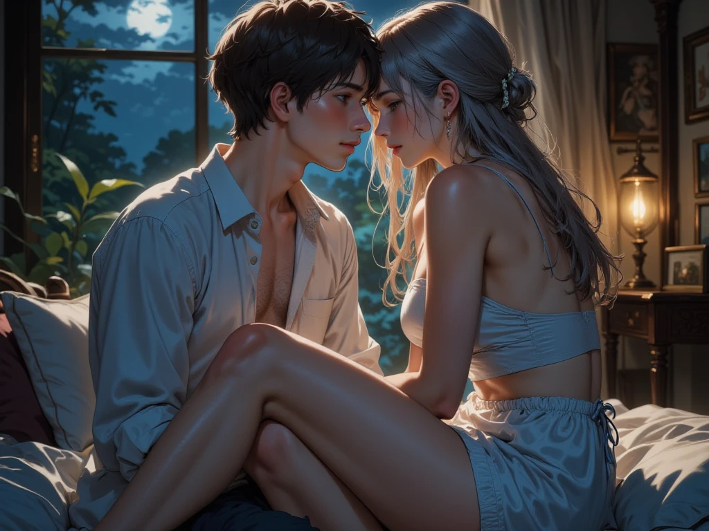 A young woman with long, platinum-gray hair that falls softly over her shoulders sits on the edge of a bed. She wears a white silk nightgown, which softly reflects the little light in the room. The woman has an expression of tenderness and concern on her face, as she delicately runs her hand through her boyfriend's short, gray platinum hair. The young man is sitting next to her, wearing a white button-down shirt, partially unbuttoned, revealing a bit of his chest. He appears to be in a moment of vulnerability, an expression of sadness or tiredness. The scene is shrouded in gloom, with soft shadows that create an intimate and welcoming atmosphere. The dim light, perhaps from a distant lamp, partially illuminates their faces, highlighting the emotional connection between them. The woman appears to be caressing him