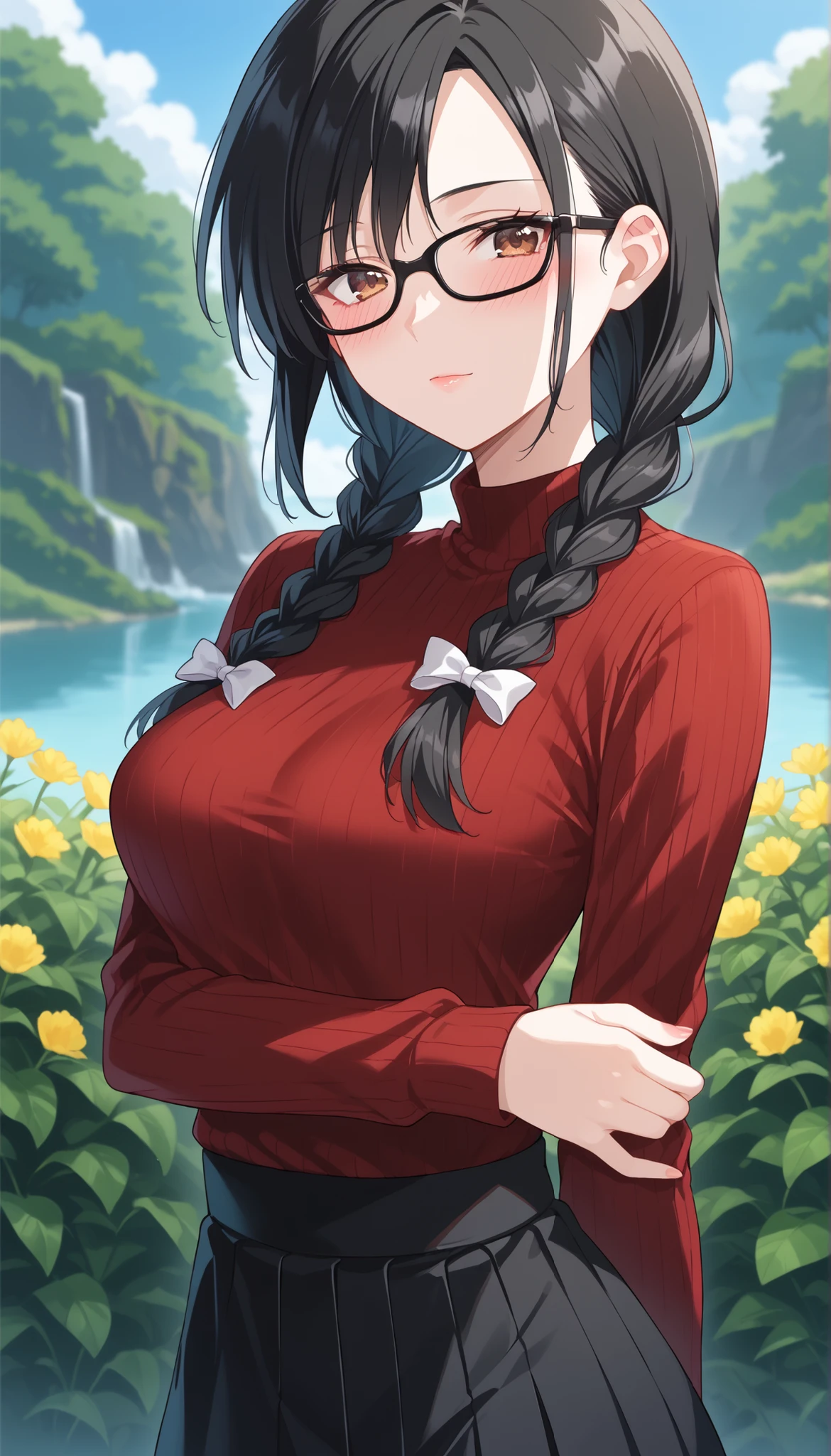 black hair,braids,black glasses,red knitted sweater,black skirt,Outdoors,medium breasts,blush,Ulchan-6500-v1.1, ( RAW photos :1.2), beautiful detailed, very detailedな目、beautiful eyes on my stomach,beautiful eyes,Brown Eyes , Large File Size, high resolution, very detailed, Highest Quality, [masterpiece:1.6], Awareness-raising, very detailed, CG, finely, Highest Quality, 8K wallpaper, perfect body shape、very detailed,smiles,Close-up