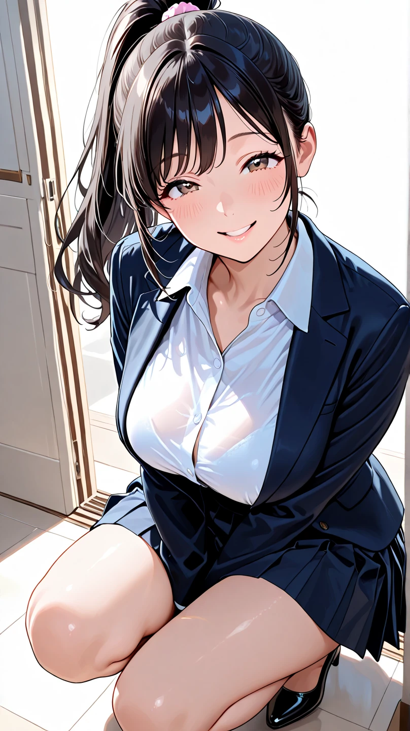((Tabletop, Highest quality, High resolution, , Pixel Perfect, 4K,))), 1 female teacher, single, alone, beauty、The whole body is visible、 ((Medium Wavy Hair, bangs, Brown Hair)), ((Brown eyes, Beautiful eyelashes, Realistic eyes)), ((Detailed face, blush:1.2)), ((Smooth texture:0.75, Realistic texture:0.65, Realistic:1.1, Anime CG style)), Center of chest, Dynamic Angle, Perfect body, (( , , Wearing a white coat、Female doctor、、, 、))、、Very embarrassing panic smile, 、black flared skirt、classroom、Sit on a chair、Please lift up your skirt and show me your pants.、、(Showing off her white and pink floral lace panties、)、Angle from below)、