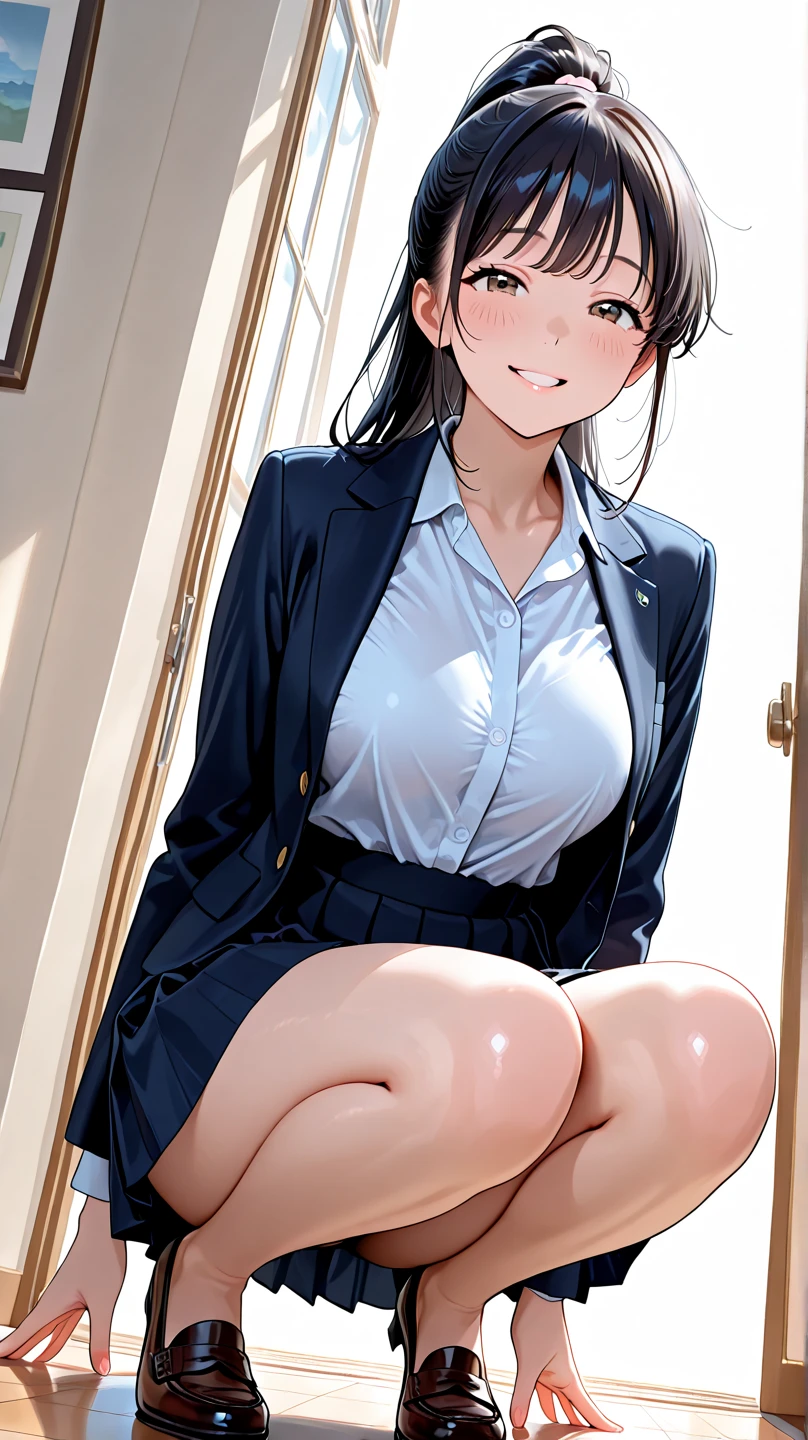 very cute and beautiful girl,(Very detailed美しい顔), (smile),blush,Black Hair,Seraphim,(White Hair、long hair),(White Shirt、Pleated navy blue pread your legs、Squat)、Sitting、(From below)、(Lace panties), Country road, (Highest quality,masterpiece:1.0),Absurd,High resolution,Super detailed,Very detailed,32K,8k resolution, Intricate details,Movie Scenes,Detailed Background,alone,Dynamic Angle,