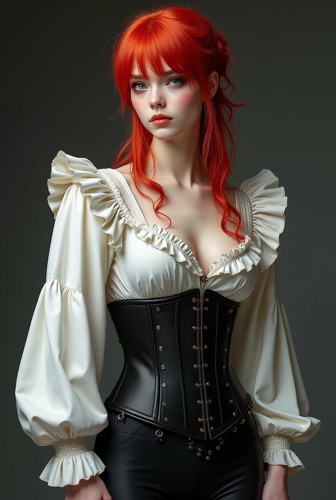 Zelda wearing a topless Victorian black lace corset:1.2, gothic, Looking at Viewer, Cinematic lighting, Perfect, softlight, High resolution skin:1.2, Realistic skin texture, 20 years old woman、a small face、no-makeup、, heart necklace, earrings, Blue eyes, (Short hair, bright red hair)、、Gray background、(art by John Collier:1.4)
