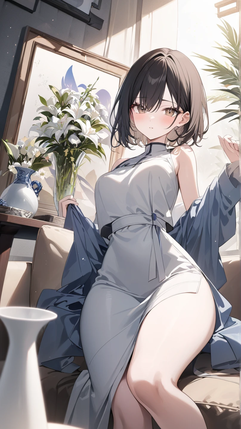 (small breasts:1.3), (perky chest:1.1), (pointed chest:1.0), (Pudding cake magazine cover:1.3)，(from above:1.0),(from side:0.9),masterpiece, 1girl, Amazing Cleavage:1.1, thin waist, big ass, Raised sexy, small breast: 1.3, sexy posed cleavage:1.2,solo, open mouth, have a cute grass of cute beergrass,bronde hair, dark blue eyes, dress, bare shoulders, jewelry, collarbone, sidelocks, hairband, earrings, indoors, off shoulder, sweater, arms behind back, plant, short hair with long locks, gild hairband, sweater dress:1.2, off-shoulder sweater, red sweater, dark gord hair, big side hair, very long side hair,is rendered in (masterpiece: 1.2, best quality), with (ultra high resolution) and an exquisite (depth of field). This masterpiece is not only visually stunning but also tells,A scene of cooking in the kitchen in the classroom ,looking at viewer,
