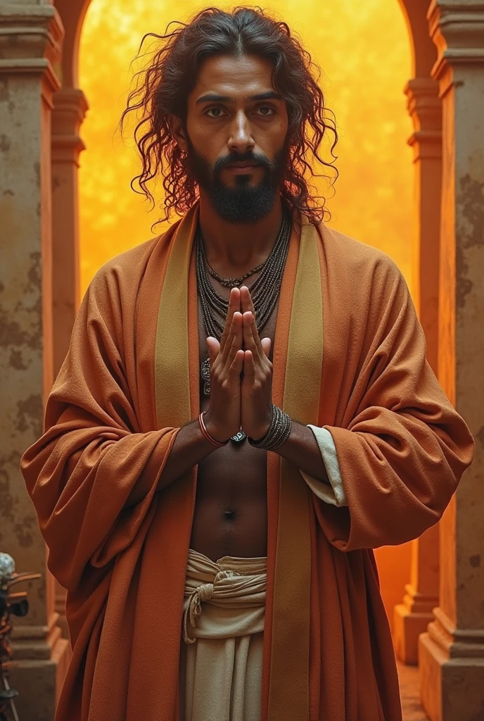 A sexy indian (hindu) man, wearing( relegious cloths), (perfect penis), homoerotic, nsfw ,extremely gorgeous face, ,masterpiece, cinematic ,fire rituals ,(yagna),swastik.,focus on the man more,bookeh
