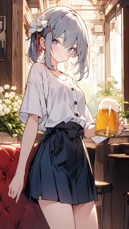 Profile of a woman with mullet hairstyle、Blue Hair、Green Eyes、Loose-fitting clothing、Holding a bourbon glass、anime、Masterpiece、Adult atmosphere、Classic、
