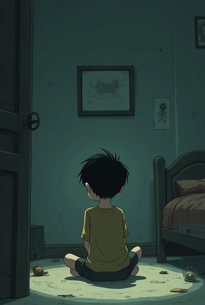 Do a boy sitting on the floor of a dark room with a plate next to him ...