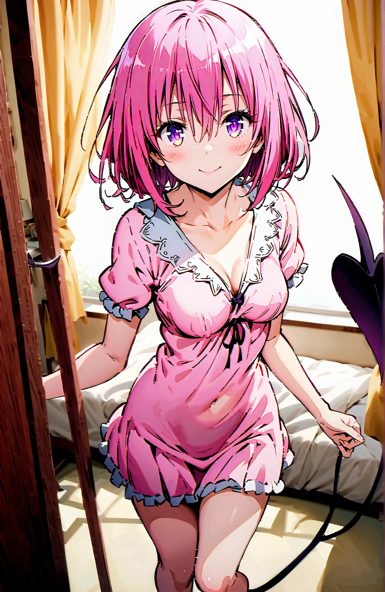 Momo Deviluke, Demon Tail, PURPLE EYES, pink hair, short hair,Medium breast,pink open nightgown,pink panties,Bare legs,bare feet,standing, bet,smile,blush,mouth,narrows her eyes,pillow,curtains,Glowing Skin,curtainsの隙間から月光が照らされている,full bodyがイラストに入るように,in their 40s looking at viewer,full body,(cowboy shot 1:3)
in their 40s indoors,bedroom,
in their 40s (masterpiece:1.2), best quality, high resolution, Unity 8Kの壁紙, ( illustration :0.8), (beautiful detailed eyes:1.6), very detailed face, perfect lighting, very detailed CG, (perfect hand in h, perfect anatomy),