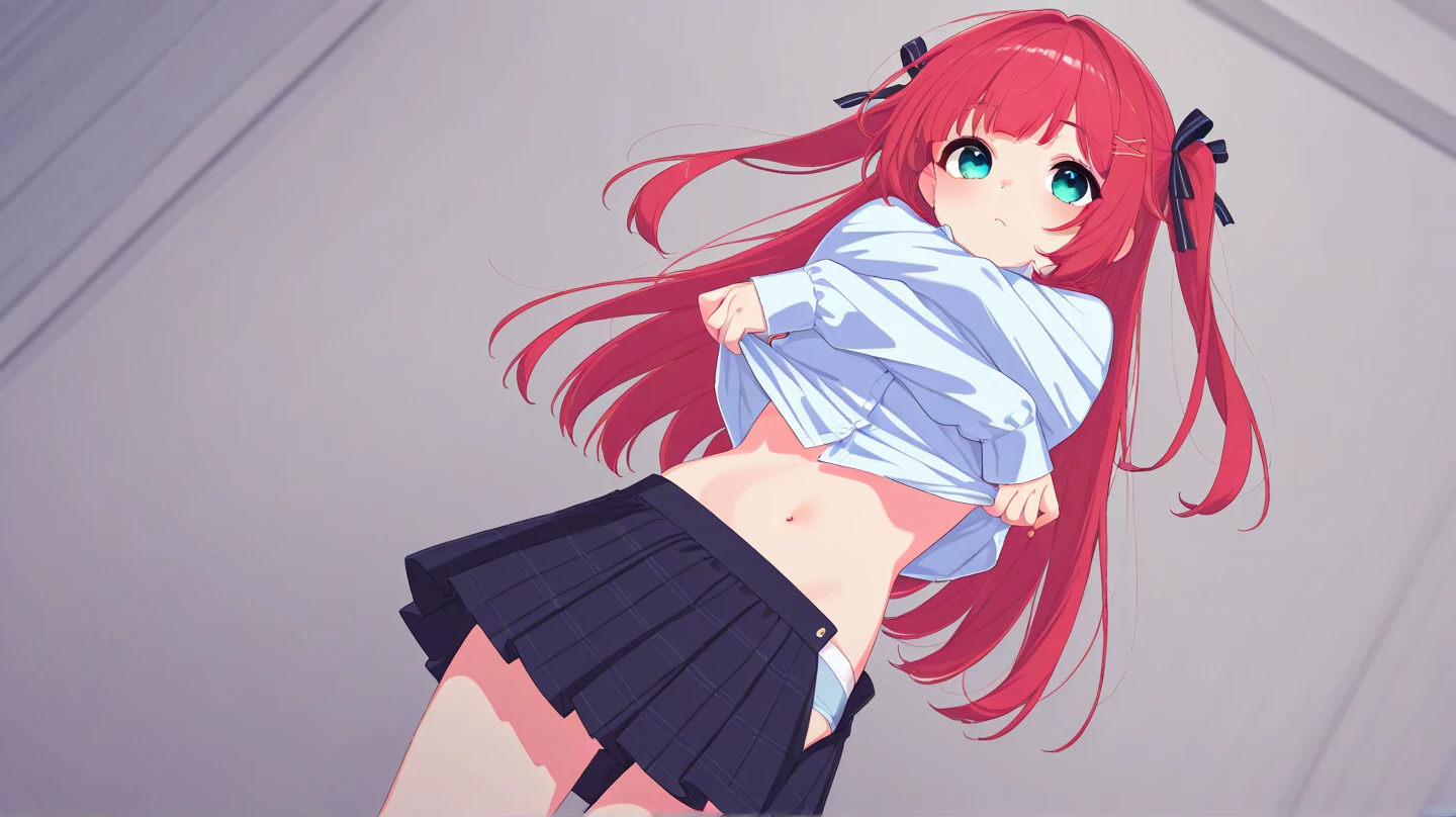 realistic image, detailed image, coherent image, 1 beautiful girl, she has shoulder length hair with blunt bangs, red hair, red eyes, smiling expression. She is wearing a strapless top, showing her navel, thin thong, pleated miniskirt, sneakers, She has a curvy body, small breasts and thick thighs, She is standing, legs crossed, arching her back, white background, uniform background , flower petals falling around, Soft focus, full body view, Dramatic shadows, Volumetric lighting, natural lighting,arima_kana