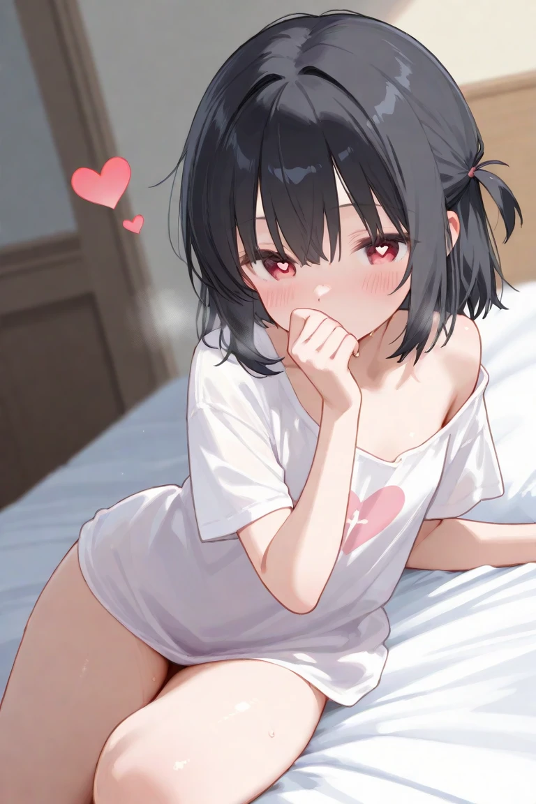 On all fours on the bed,smile,1. small ,short hair,Black Hair,blush,White T-shirt,Olive green shorts,Brown Sandals,White skin,From below,shy,night,Sweaty,Wet,Cowboy Shot,night中,dark,Ahegao,be happy,Sigh,Eyes are hearts,Open your mouth wide,saliva,