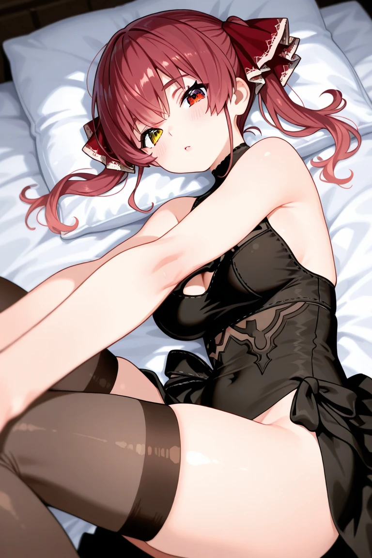 Crimson haired anime demon girl wearing red and white striped bikini with black and crimson striped long gloves and long black socks farting on the couch