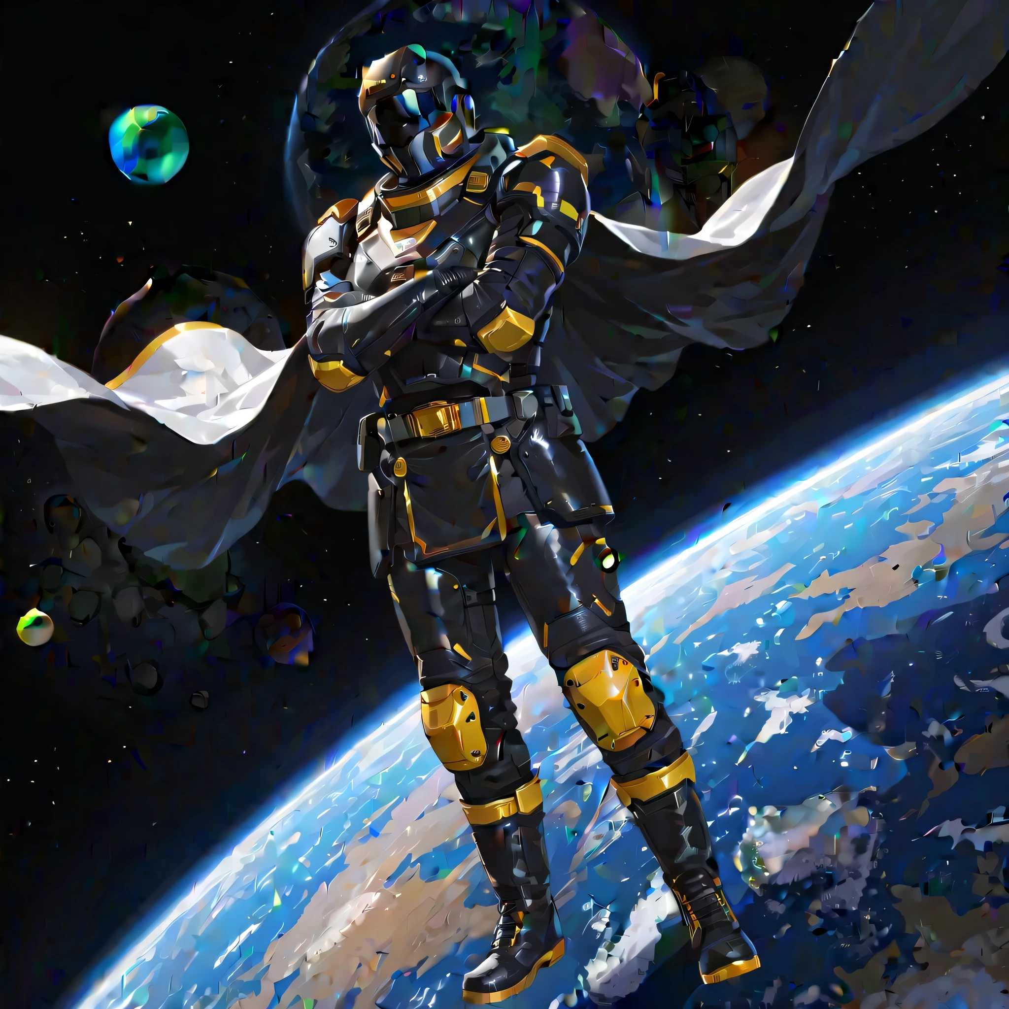 (masterpiece, best quality:1.2), 1 boy, Helldiver, full body, black armor with yellow accents, belt, boots, gloves, shoulder pads, knee pads, belt, uniform skirt, chestplate, helmet, cape, arms crossed, (fall from space, planet earth background),