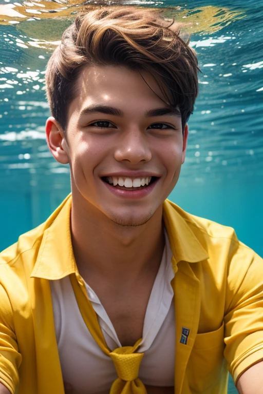 Boy wearing yellow swimsuit sitting on white bench near sea 