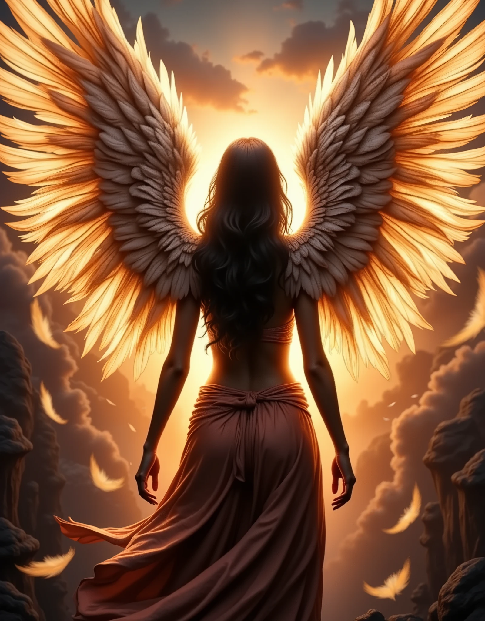 Back view of a woman with wings, wings grow from her back, Big wings on her back, waving in the sky,Lots of feathers, fluttering all over the screen,expression of strength and tension,The camera's gaze creates confidence and determination with a flame effect,Drawing with wings fluttering in the wind,image, that makes you feel moving right in front of you,,powerful illustration,strong light source.Sunset)Put it back、draw a silhouette..,feather background ,anatomically accurate, top quality, high detail,