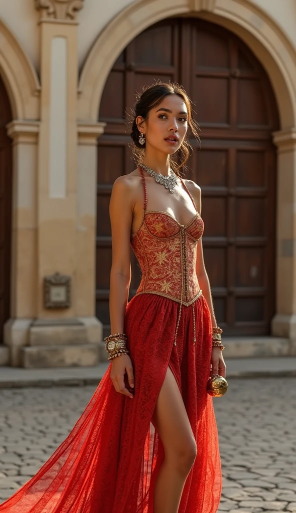 a woman in a red dress posing for a picture, portrait cersei lannister sit, by Cindy Sherman, wears a egyptian ankh necklace, with a male pirate partner, black bob haircut, in an attic, wearing a designer top, ophelia, episode still, expressive pose, maori, 2 0 1 9, the second… like a calf, drag queen, atlantis, elegant gold skin