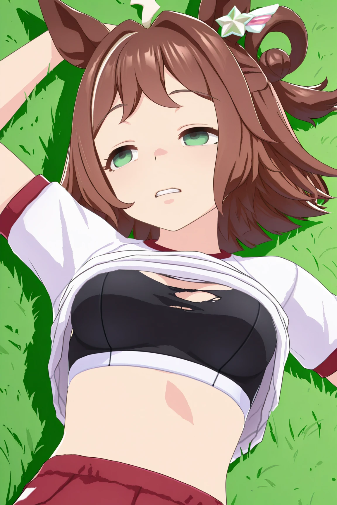 masterpiece, high quality, 8K, Beautiful lighting,sunny day, 1 female, With vivid colors,,Kugisaki　wild rose ,（anime official art）,((Perfect nipples)), （（White shirt））,（（topless））,（（Fully open shirt））,Upper Body, （White lace panties）,（（Detailed tummy））, ((Lie on your back)),　(Detailed slim thighs),Sweat,（（Troubled eyebrows））,（（Mid-chest））,Slender body,（（Lying down in the forest））,Brown eyes、Thin, slender arms,Rai,Troubled expression,White lace underwear,blush
