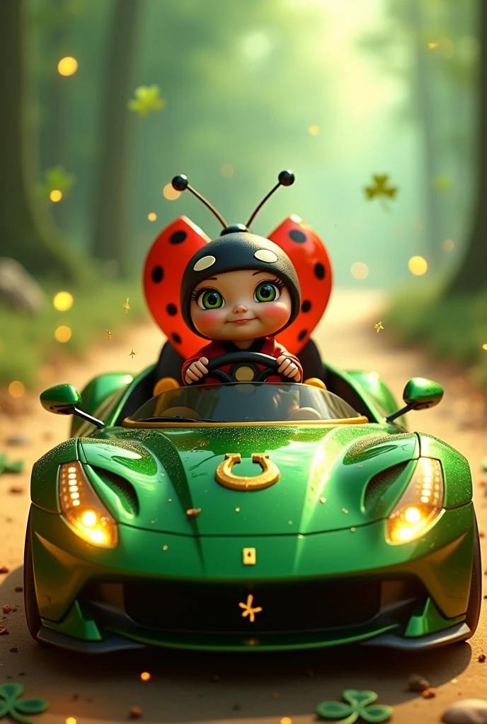 Digital Art, Cute woman is driving a car  、happily face、Humming a song、Drive through the flower garden、llight rays, water dripping、8k high quality detailed art, bio luminescent、butterflys