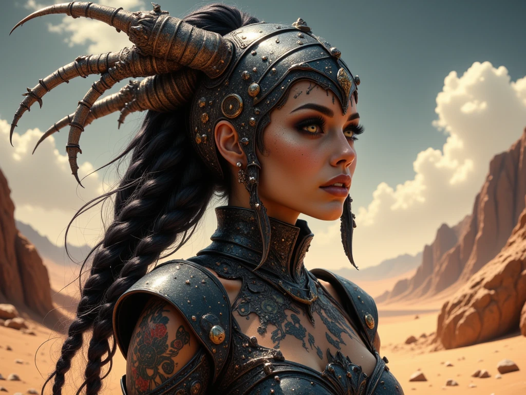 Lilith's descent with her black wings, over the desert dunes. Exclusive style of D14bl0, extremely detailed and high quality, 8k, cinematic, no serration, strokes and a famous artist, no blurred image, very well done strokes, no deformation in the eyes, mouth and nose, all drawn perfectly, leonardo da vinci style.
