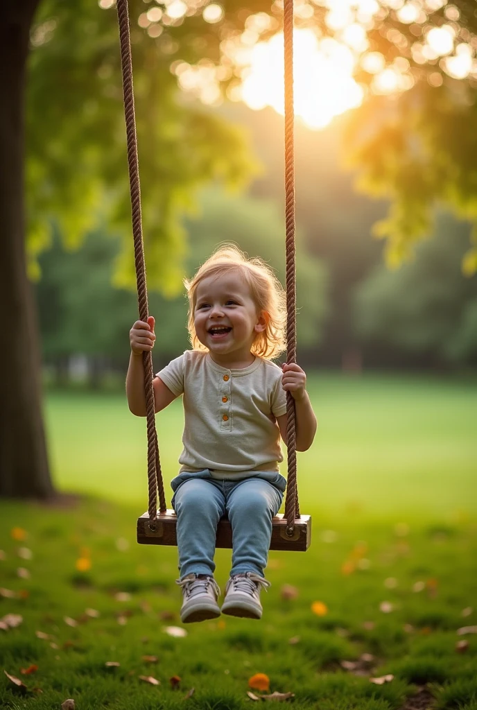 Sit on a swing in the park, swing on a tree, undulation, is playing happily, is playing happily, Hanging, Happy kids, Cute girl, On a sunny day, Happy girl, personal profile picture, childhood memory, a wooden log, Beautiful image, warm and joyful atmosphere, Wooden, carefree, um dia ensolarado, kiddy big breasts