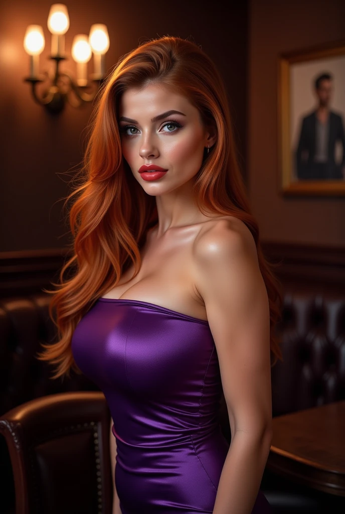 raw photo, (Sophie Turner), red hair, makeup, graphic eyeliner, rouge, realistic skin texture, sexy blue front slit chiffon evening dress strapless long, (red:0.8), softcore, warm lighting, cosy atmosphere, instagram style