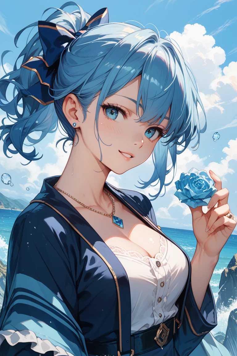 最high quality、Best image quality、masterpiece、and((cute、18-year-old、Best Bust、Medium Bust、Beautiful Blue Eyes、Spread your chest wide,Pastel Hair、ponytail、Disheveled Hair、thin、Highest Valley、Pastel Dress、smile、necklace、Wristband、)）high quality、Beautiful art、background((Pastel Room、Live Performance Venues)),Tabletop、Exquisite design、Visual Arts、Written boundary depth、Best lighting、Highest detail、8ｋ