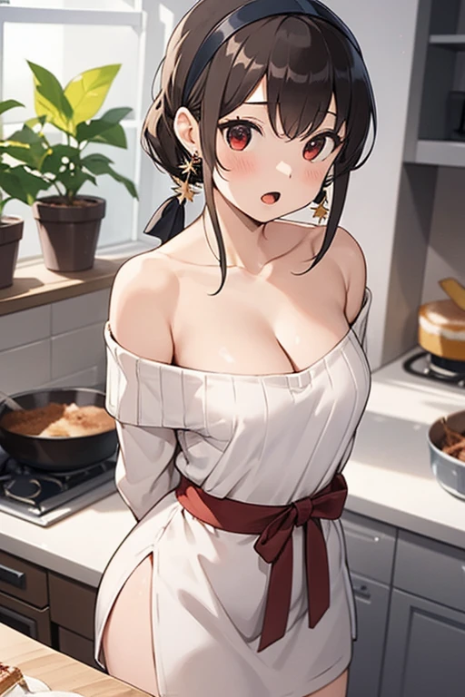 masterpiece, 1girl, Amazing Cleavage:1.3, thin waist, big ass, Raised sexy, medium breast:1.3,posed cleavage:1.2,solo, looking at viewer, open mouth, have a cup of coffee,black hair, red eyes, dress, bare shoulders, jewelry, collarbone, sidelocks, hairband, earrings, indoors, off shoulder, :o, sweater, arms behind back, plant, short hair with long locks, white hairband, off-shoulder dress, sweater dress, off-shoulder sweater, red sweater, big side hair, very long side hair,is rendered in (masterpiece: 1.2, best quality), with (ultra high resolution) and an exquisite (depth of field). This masterpiece is not only visually stunning but also tells, make of cooking some cakes ,in the kitchen,smile,seductive weak smiling,(with sparkling eyes and a contagious smile),open mouth, Looking at Viewer,