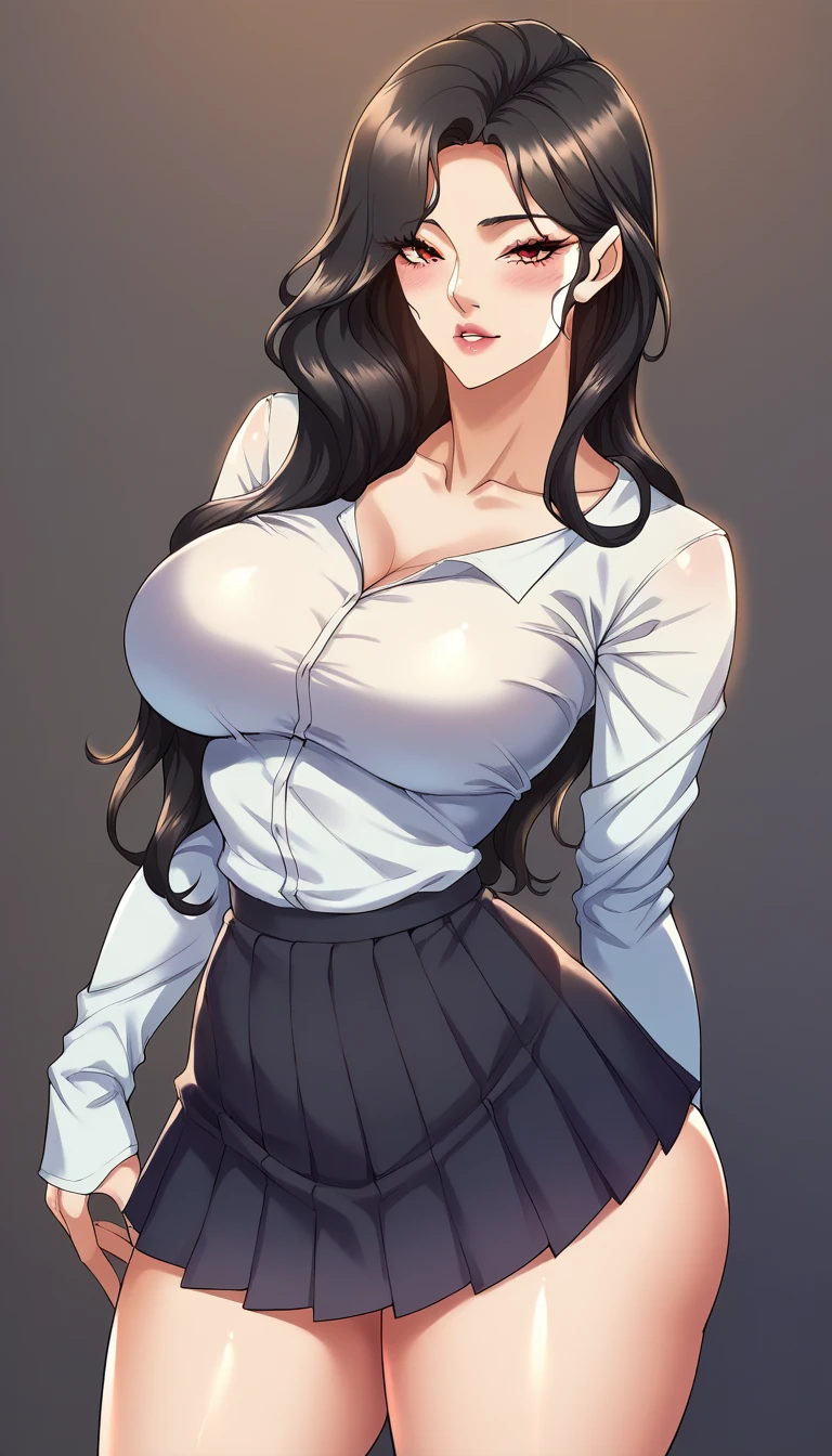 nari, black eyes, black hair, long hair, big breasts, school dress, earrings