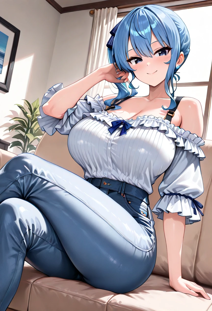 (best quality,masterpiece) thicc, 1 girl, small breasts, wide hips, thick thighs, shy, ponytail, blue hair, narrow waist, blue jeans, white shirt