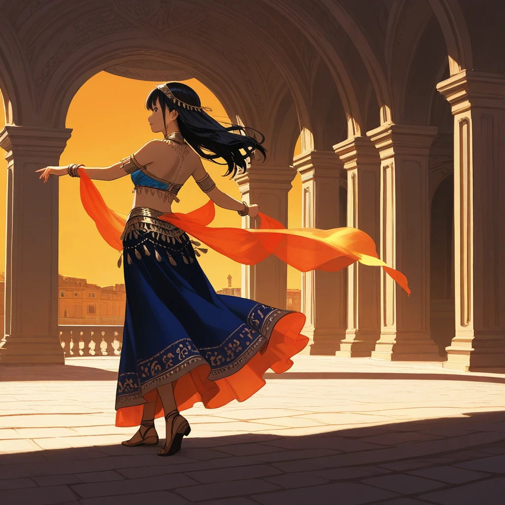 Full panorama ultra-realistic view panorama scene when Giselle dances in front of a large audience, full body portrait, realistic detail illustration, (beautiful 16 years old), belly dancer Gisela in blue Arabian belly dancer ((miniskirt)), she has curly black hair, very beautiful great body, complex, elegant, highly detailed, digital painting, art, concept art, smooth, sharp focus, illustration, Artgerm and Greg Art by Rutkowski and Alphonse Mucha, portrait, minimalism, bold colors, sharp details, highly stylized anime illustrations, ultra-detailed illustrations, modern, bright colors, ultra-detailed, acrylic painting, fan box Pixiv trends, color palette knives and brushstrokes, Shinkai Makoto style Jamie Witt James Gilliard Edward Hopper Greg Rutkowski Studio Ghibli Genshin Influence, low polygon, isometric art, 3D art, high detail, art station, concept art, Behance, ray tracing, smooth, sharp focus, ethereal lighting, Arab palaces growing in the back, ((((a group of princes and princesses dancing)))).